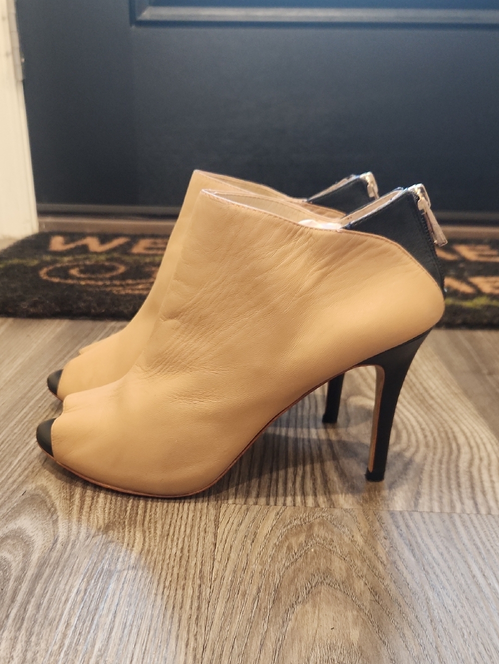 Ann Taylor Tan Peep-Toe High Heel Booties with Black Heel